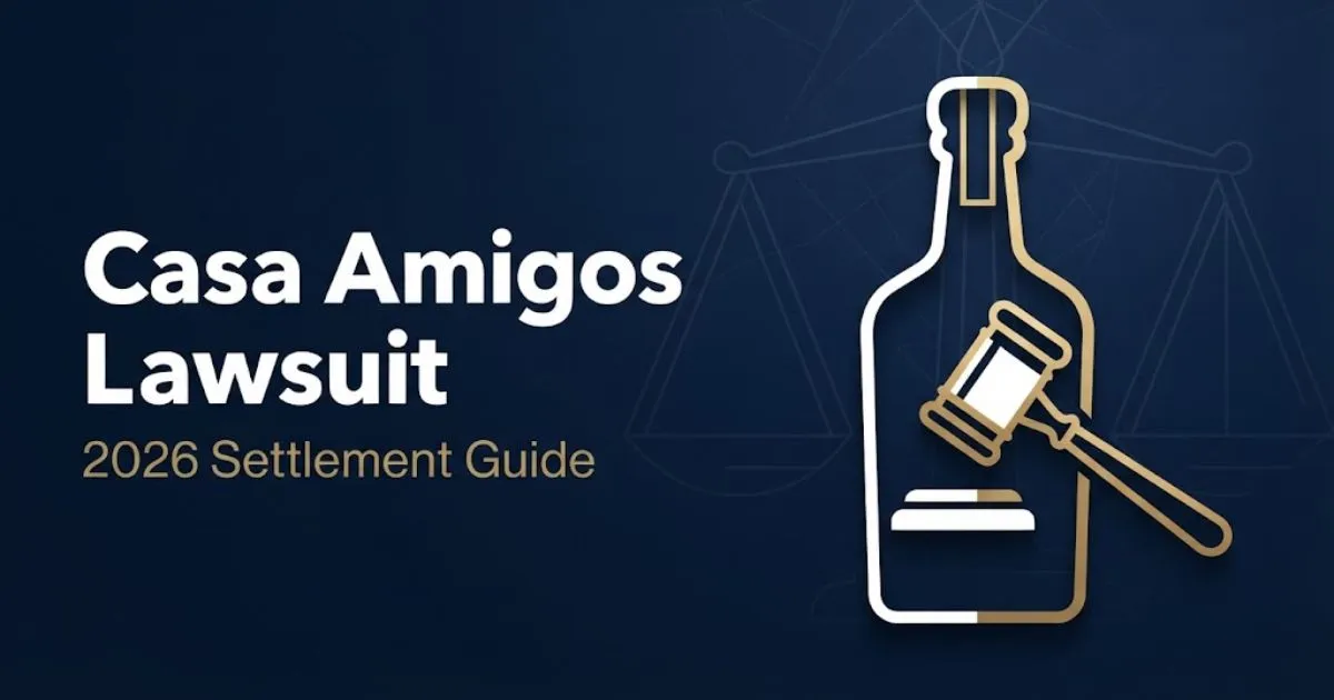 Casa Amigos lawsuit 2026 settlement guide hero banner with legal scales and tequila bottle silhouette on navy background