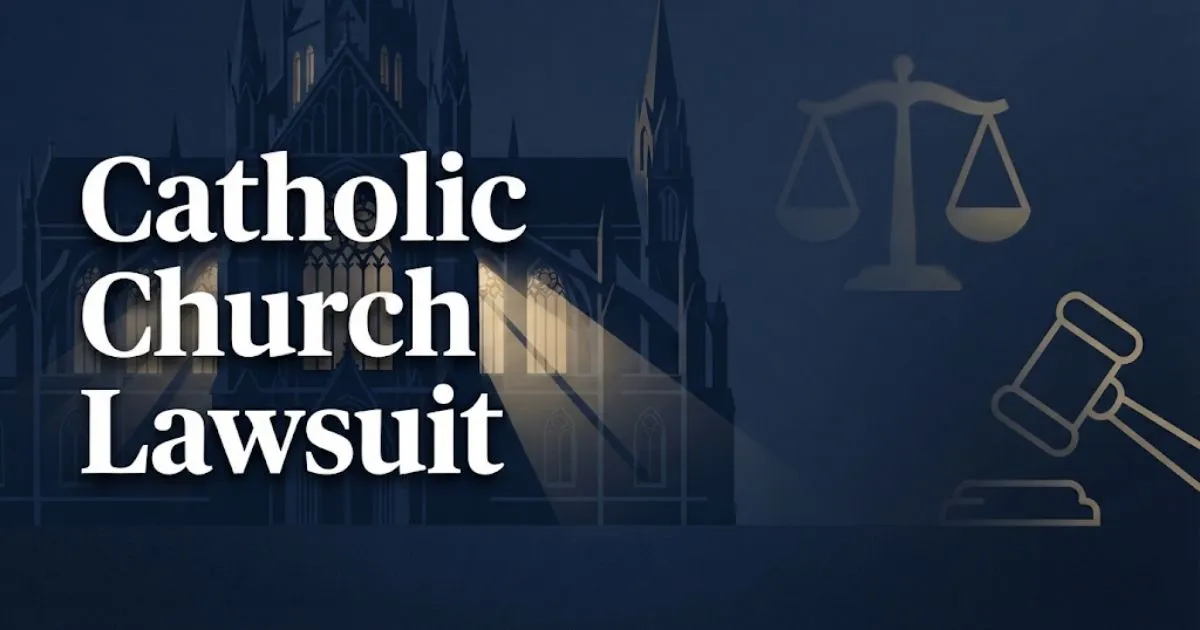 Catholic church lawsuit hero banner with cathedral silhouette and legal scales in navy and gold