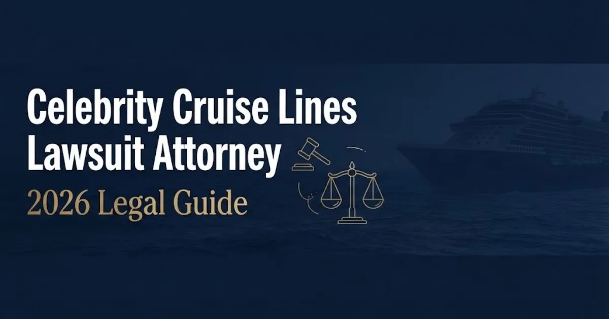 Celebrity cruise lines lawsuit attorney hero banner with navy ocean background and gold legal icons