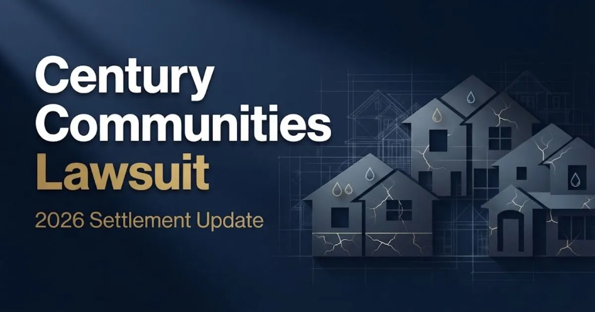Century Communities Lawsuit 2026 hero banner with suburban home silhouettes showing construction defect symbols on navy background