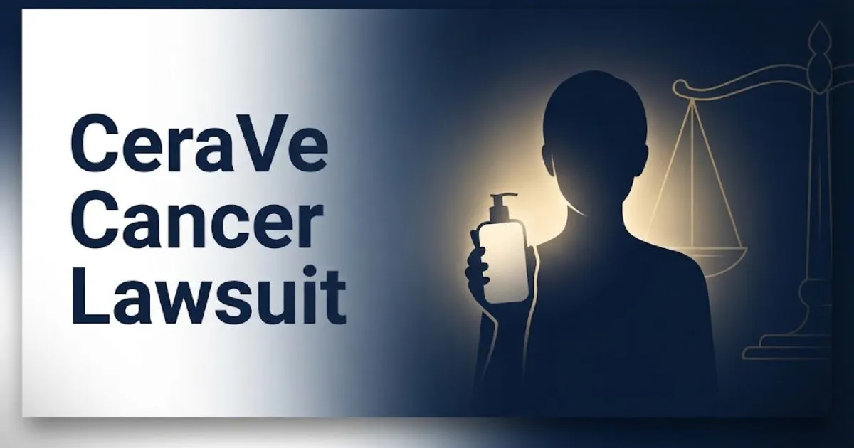 CeraVe cancer lawsuit hero banner with legal scales and consumer silhouette on navy background