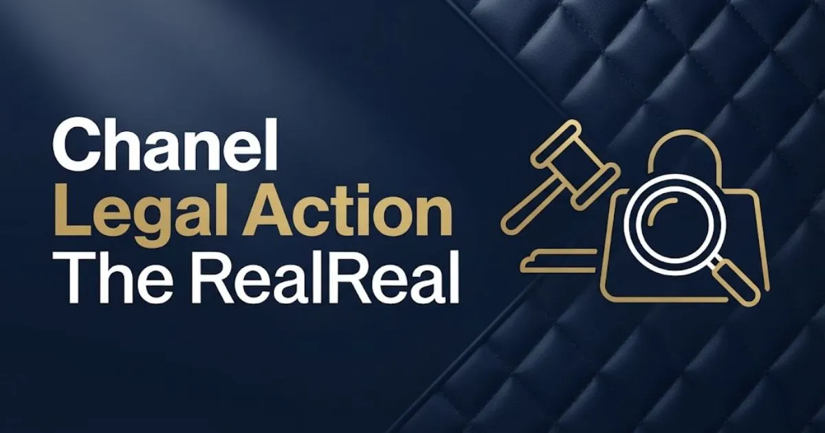Chanel legal action The RealReal hero banner with gavel and handbag icons on navy background