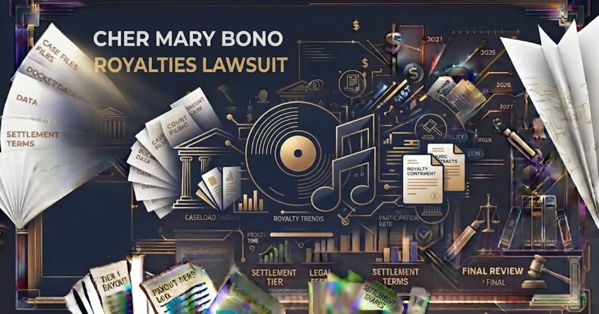 Cher Mary Bono royalties lawsuit hero banner with gold text on navy background and music icons.