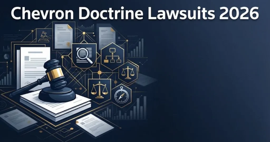 Chevron doctrine lawsuits 2026 graphic with abstract legal documents and regulatory icons in navy and gold