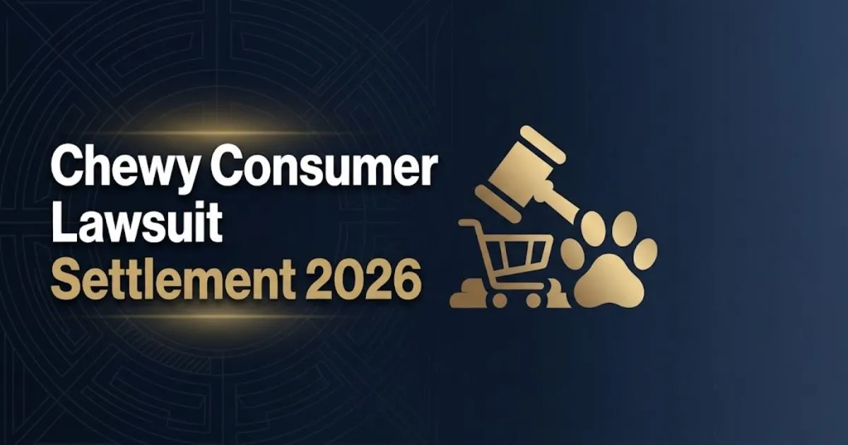 Chewy consumer lawsuit settlement 2026 hero banner with gavel and shopping cart icons on navy background