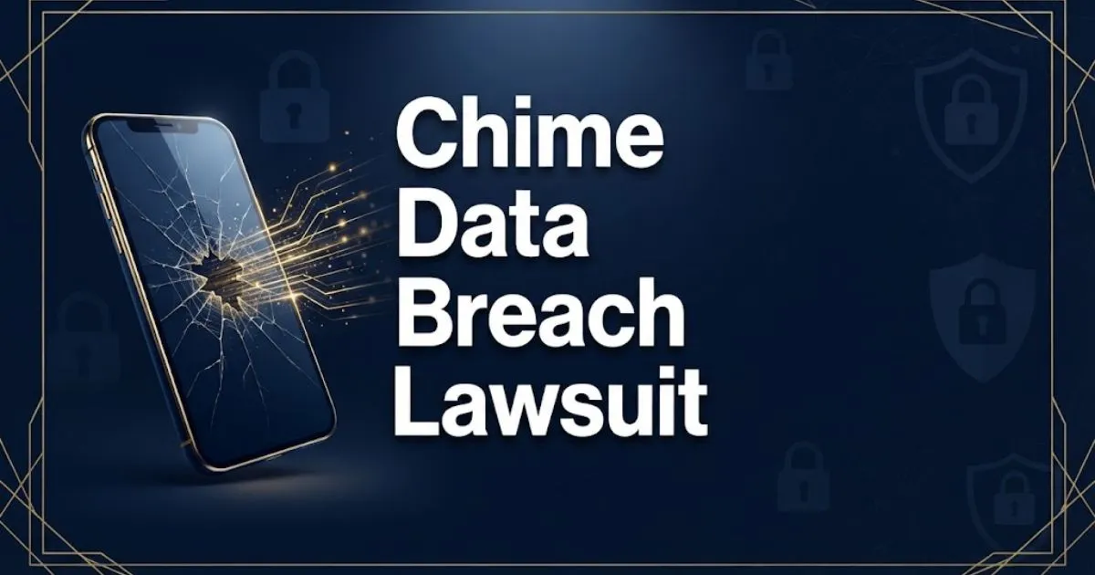 Chime data breach lawsuit hero banner with cracked phone icon and gold accents on navy background