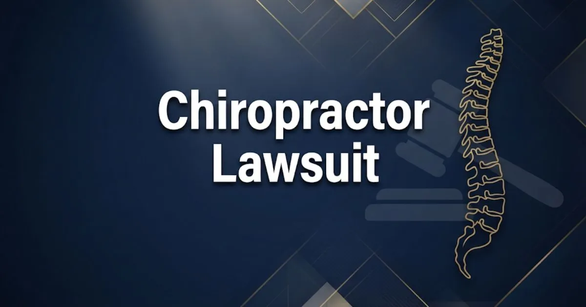Chiropractor lawsuit hero banner with spine silhouette and gavel icon on navy background