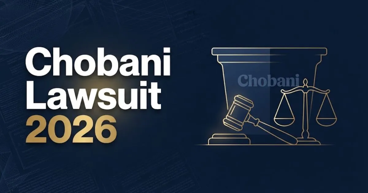 Chobani Lawsuit 2026 hero banner with legal scales and yogurt silhouette on navy background