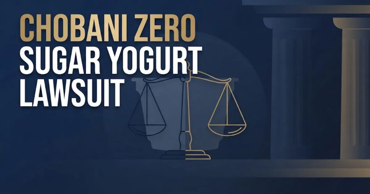 Chobani Zero Sugar Yogurt Lawsuit hero banner with legal scales and yogurt silhouette in navy and gold
