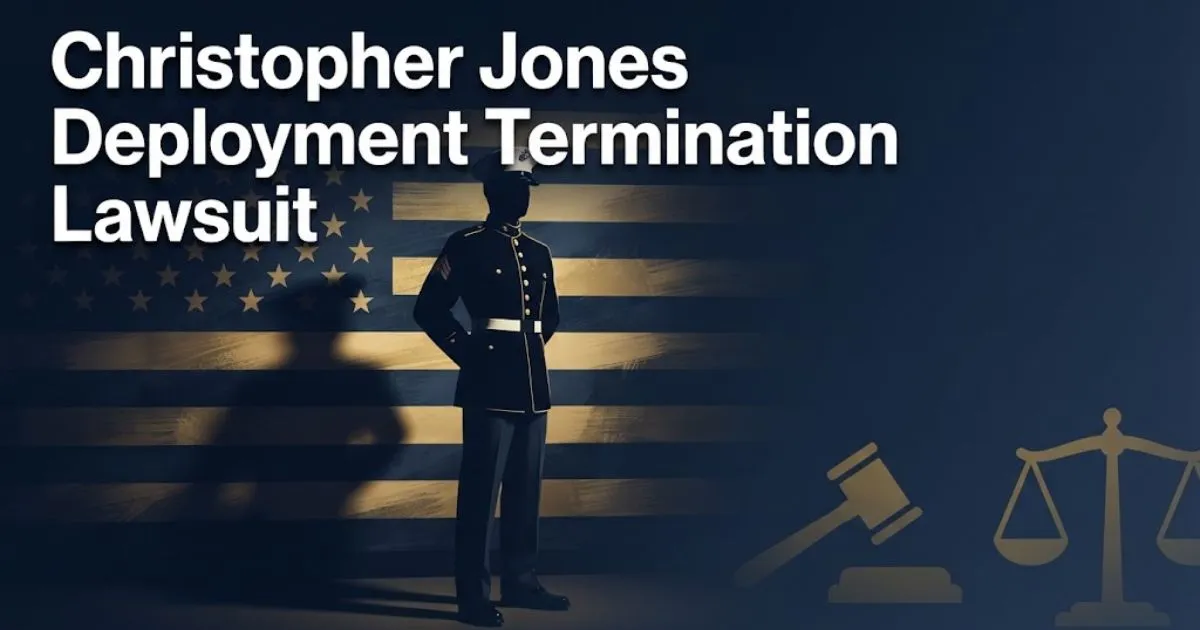 Christopher Jones deployment termination lawsuit hero banner with military silhouette and legal symbols in navy and gold