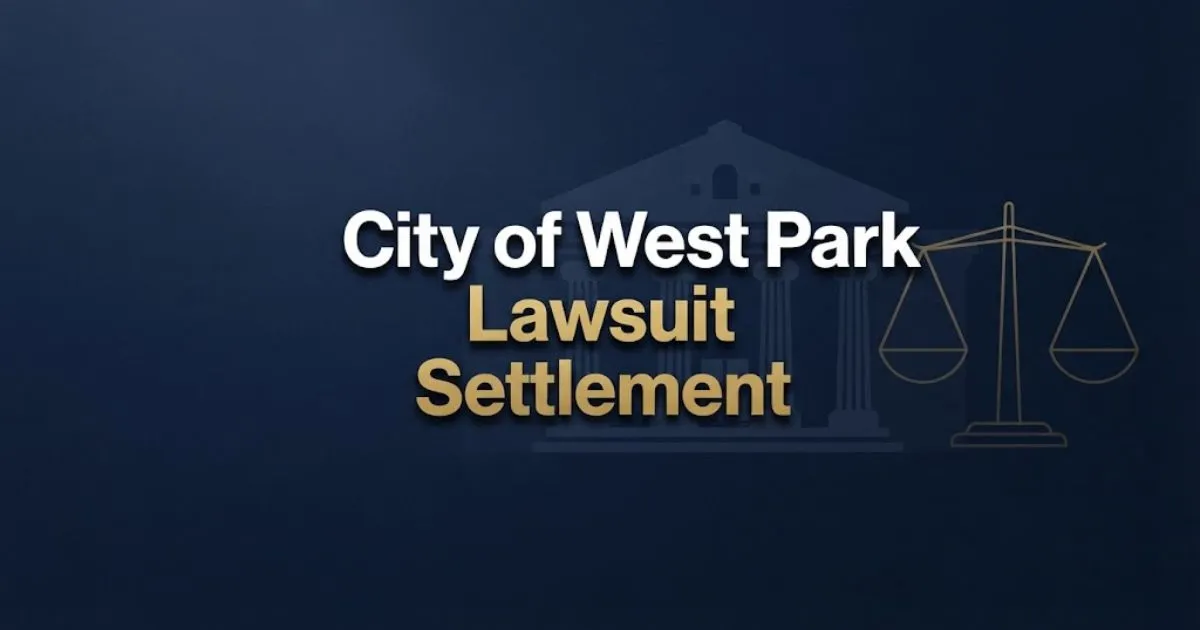 City of West Park lawsuit settlement banner with legal scales and municipal building silhouette on navy background
