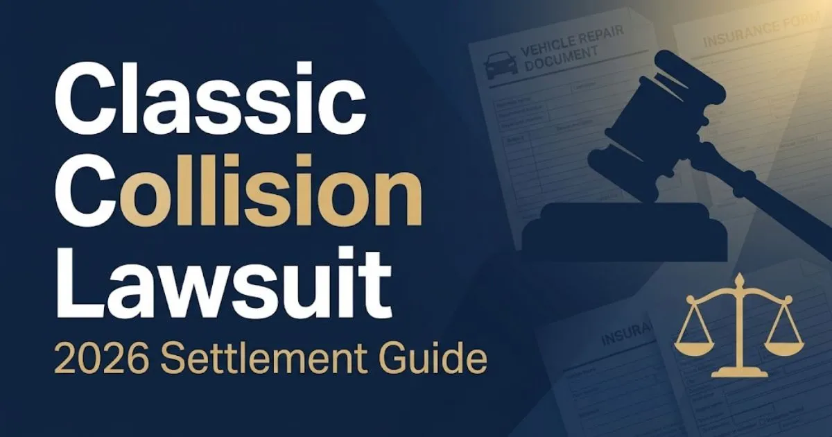 Classic collision lawsuit 2026 settlement guide banner with legal symbols and navy gold design
