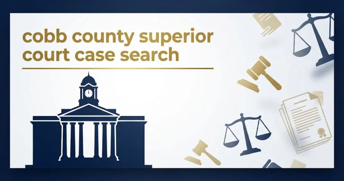 Cobb County Superior Court case search banner with courthouse silhouette and legal icons in navy and gold