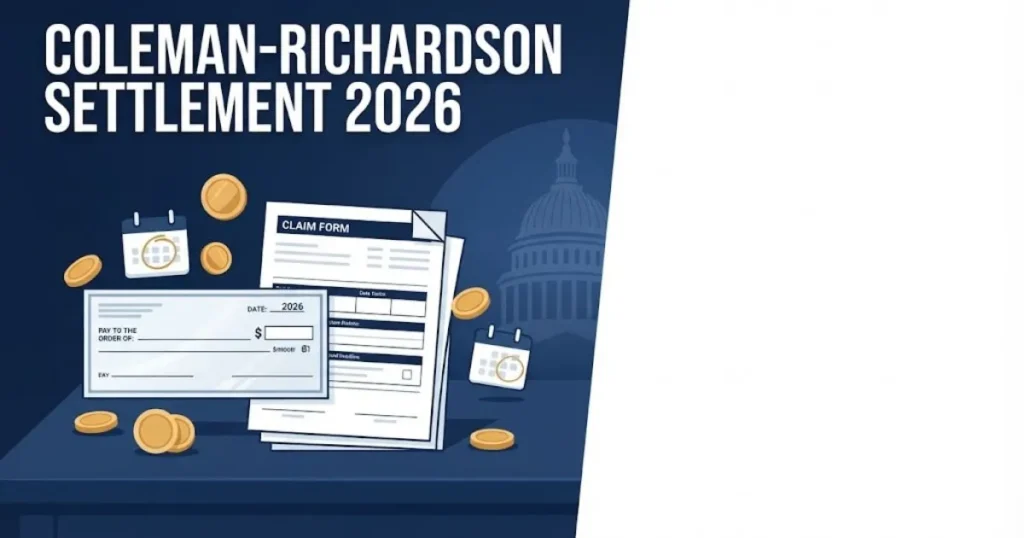 Coleman-Richardson settlement 2026 graphic showing claim documents and payout details on navy background
