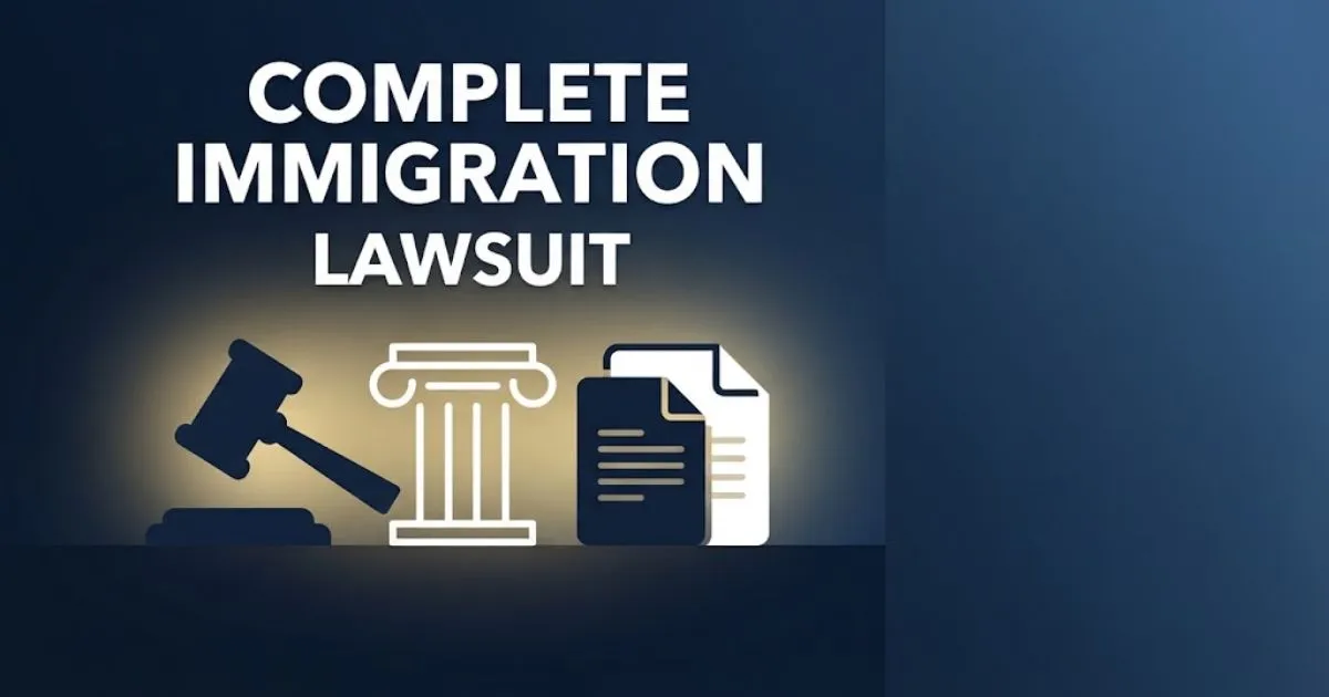 Complete immigration lawsuit hero banner with gavel and courthouse icons in navy and gold