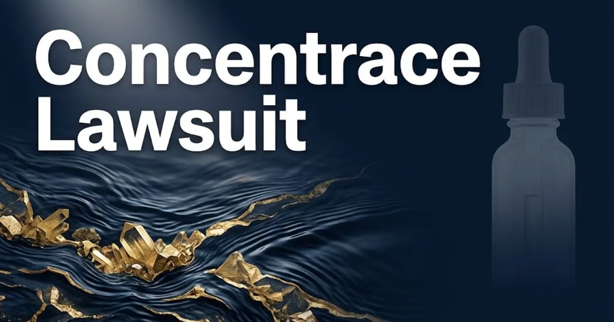 Concentrace lawsuit hero banner with navy blue water and gold mineral crystal background and bold white headline text