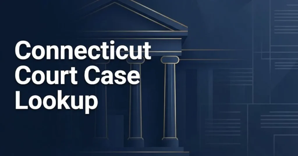 Connecticut court case lookup hero banner with courthouse graphic and navy gold design