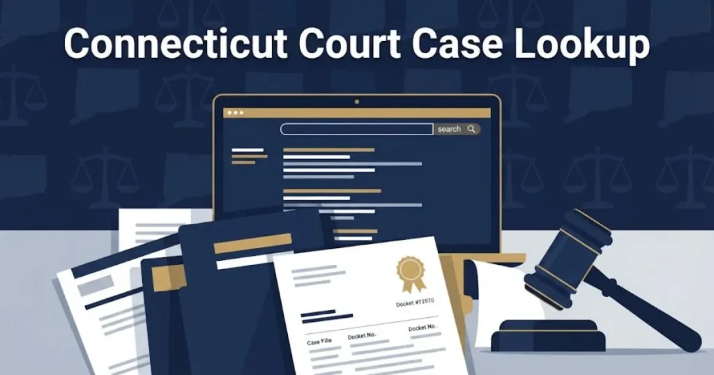 Connecticut court case lookup supporting graphic with legal documents and search theme