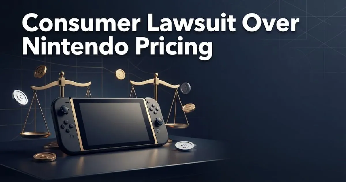 Consumer lawsuit over Nintendo pricing hero banner with gaming console silhouette and legal scales in navy and gold tones