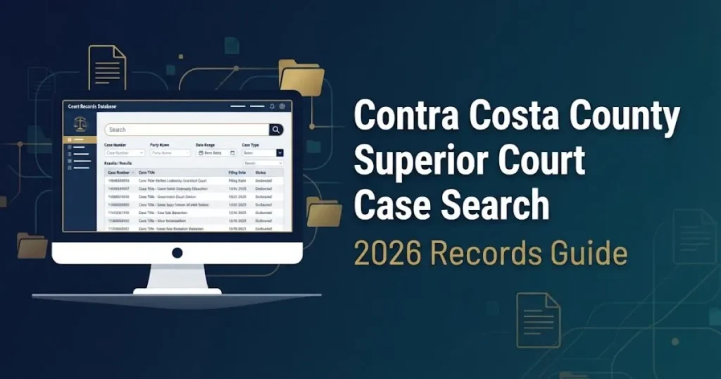 Contra Costa County Superior Court Case Search 2026 digital records guide graphic with computer monitor and legal document icons