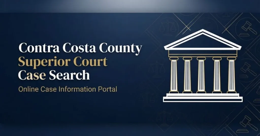 Contra Costa County Superior Court Case Search hero banner with courthouse silhouette and gold legal icons on navy background