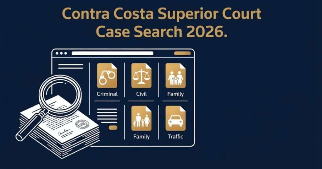 Contra Costa Superior Court Case Search 2026 infographic with document icons and magnifying glass graphic