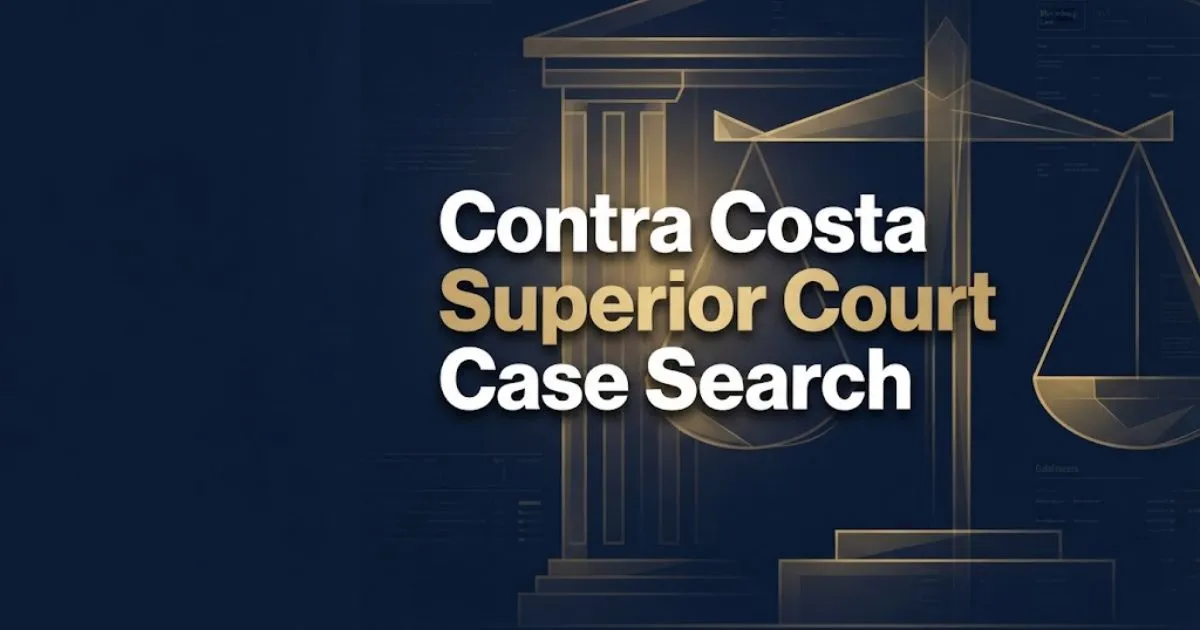 Contra Costa Superior Court Case Search hero banner with navy background and gold legal scales icon