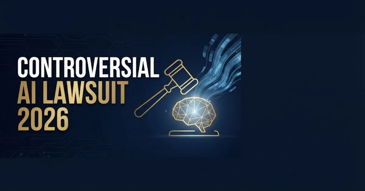 Controversial AI lawsuit 2026 hero banner with gavel and digital brain icon on navy background