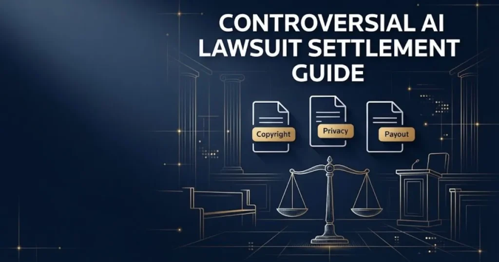 Controversial AI lawsuit settlement guide graphic with courtroom icons and document symbols