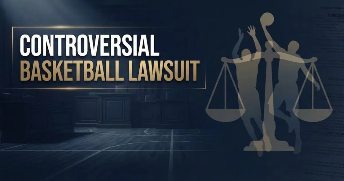 Controversial basketball lawsuit hero banner with courtroom and basketball court imagery in navy and gold tones