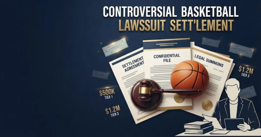 Controversial basketball lawsuit settlement graphic showing legal documents and basketball on navy desk with gold text