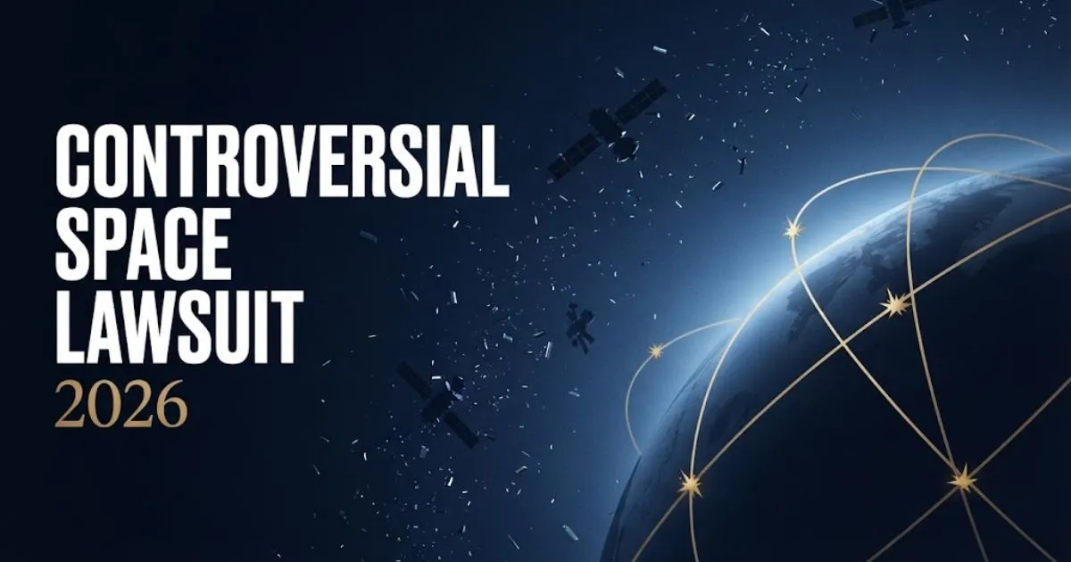 Controversial space lawsuit hero banner showing orbital debris and satellite silhouettes over Earth with bold white and gold title text
