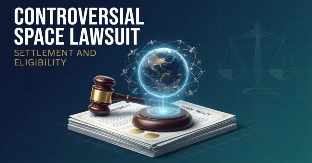 Controversial space lawsuit supporting graphic showing legal gavel with holographic satellite orbit projection and settlement eligibility text