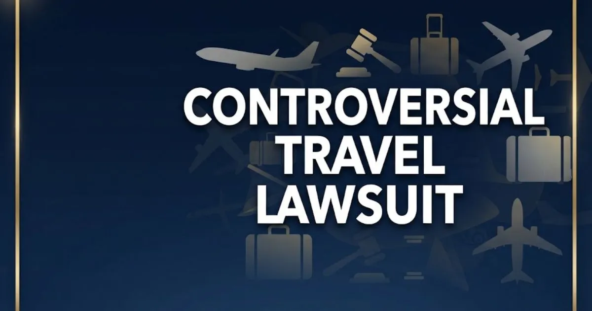 Controversial travel lawsuit hero banner with airplane silhouettes and gavel icon on navy background