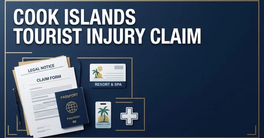 Cook Islands tourist injury claim graphic with legal documents and travel items on navy background