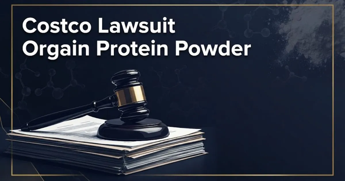 Costco lawsuit orgain protein powder hero banner with gavel and legal documents on navy background