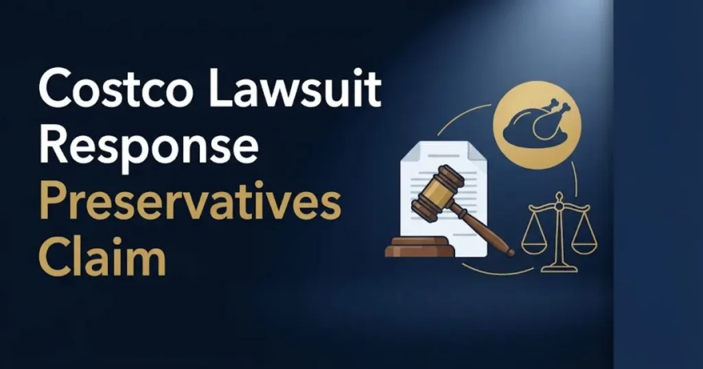 Costco lawsuit response preservatives claim banner with gavel, legal document, and chicken icon on navy background