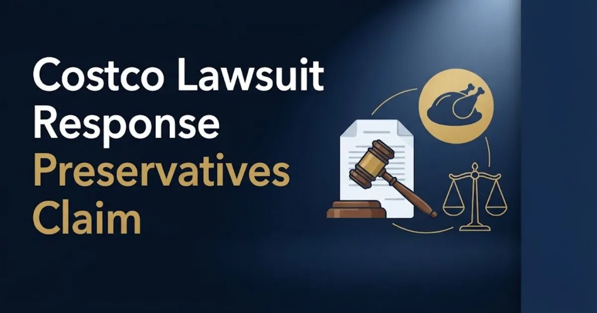 Costco lawsuit response preservatives claim banner with gavel, legal document, and chicken icon on navy background