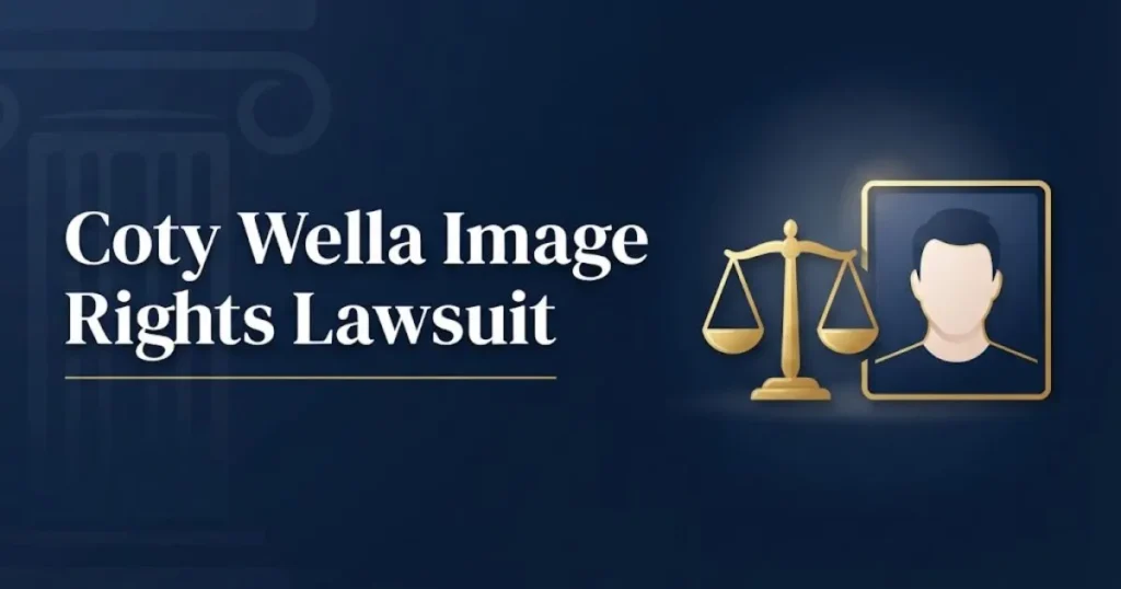 Coty Wella image rights lawsuit banner with scales of justice and portrait frame on navy background