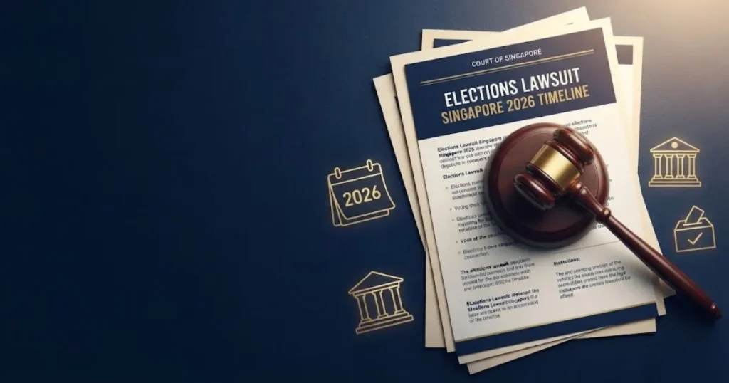 Courtroom document and gavel graphic with elections lawsuit Singapore 2026 timeline title in gold text on navy background