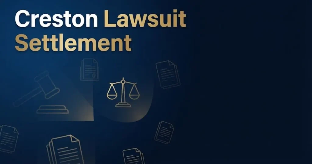 Creston lawsuit settlement banner with legal scales icon on deep navy background, 2026 claims guide