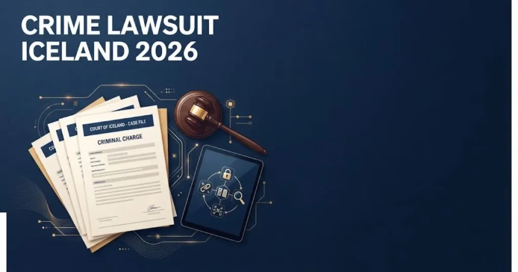 Crime lawsuit Iceland 2026 supporting graphic with court documents gavel and digital evidence on navy desk