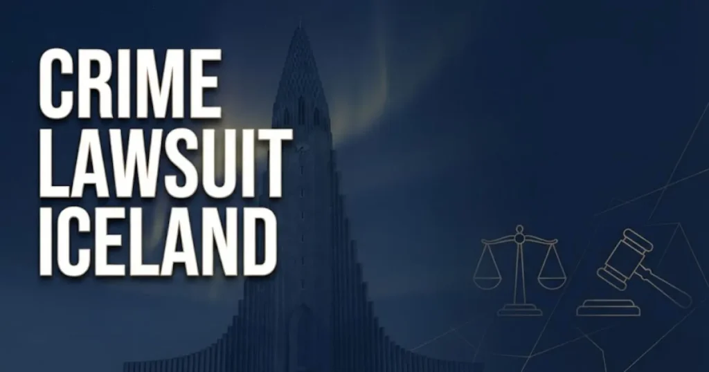 Crime lawsuit Iceland hero banner with Reykjavik skyline silhouette and gold justice scale icons on navy background