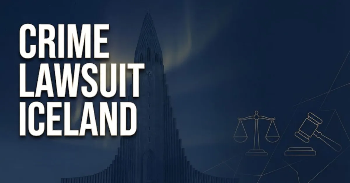 Crime lawsuit Iceland hero banner with Reykjavik skyline silhouette and gold justice scale icons on navy background