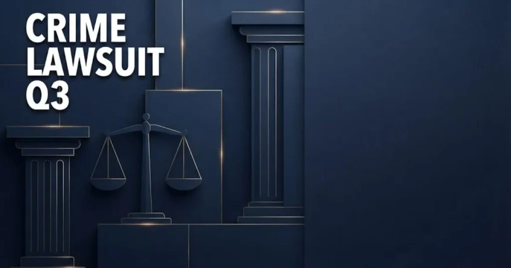 Crime lawsuit Q3 2026 hero banner with legal scales and navy blue abstract courthouse design