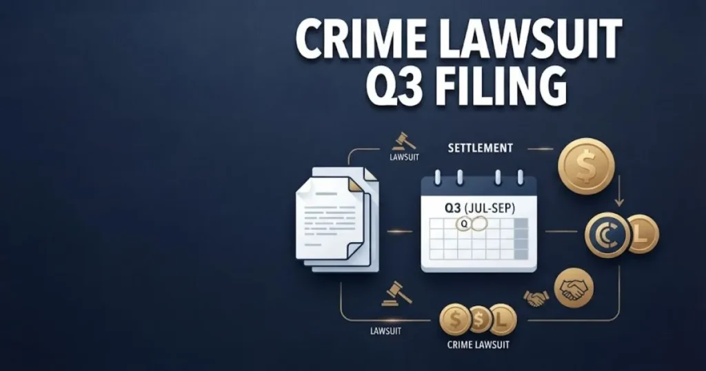 Crime lawsuit Q3 filing guide graphic with calendar, documents, and settlement icons on navy background