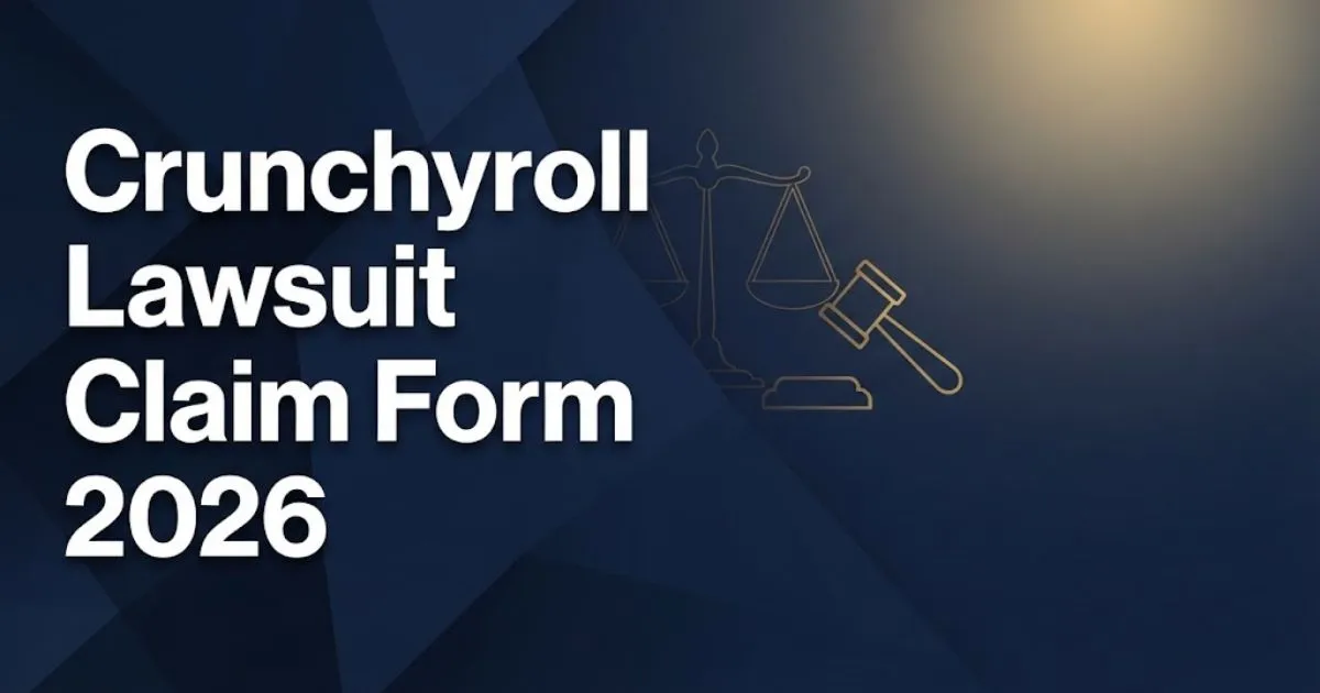 Crunchyroll lawsuit claim form 2026 hero banner with legal scales and gavel on navy background