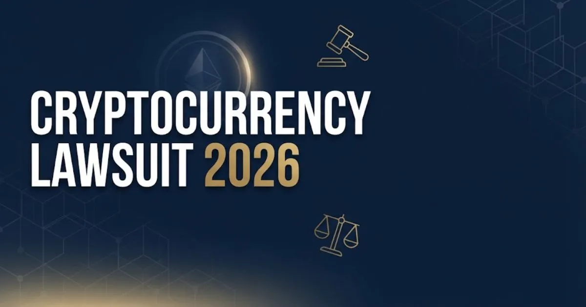 Cryptocurrency lawsuit 2026 hero banner with legal symbols and blockchain grid on navy background