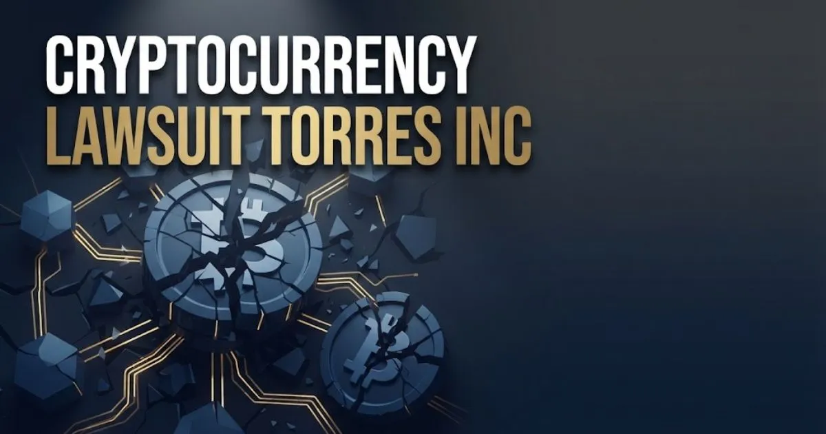 Cryptocurrency lawsuit Torres Inc hero banner with blockchain imagery and legal theme in navy and gold tones