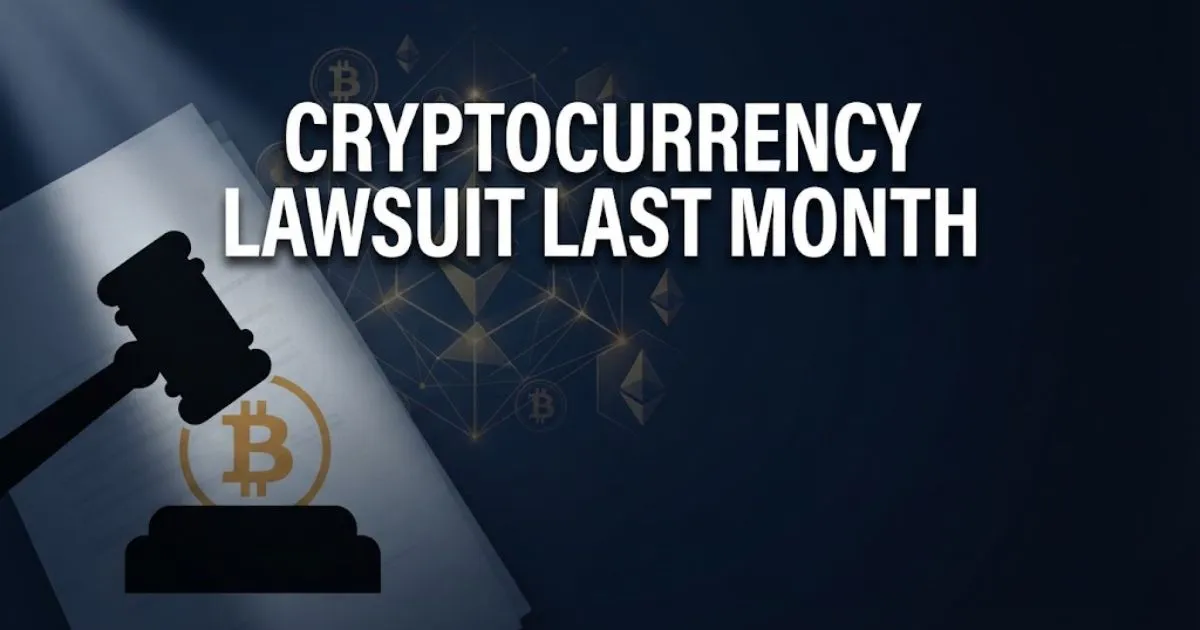 Cryptocurrency lawsuit last month hero banner with gavel and blockchain graphics on navy background